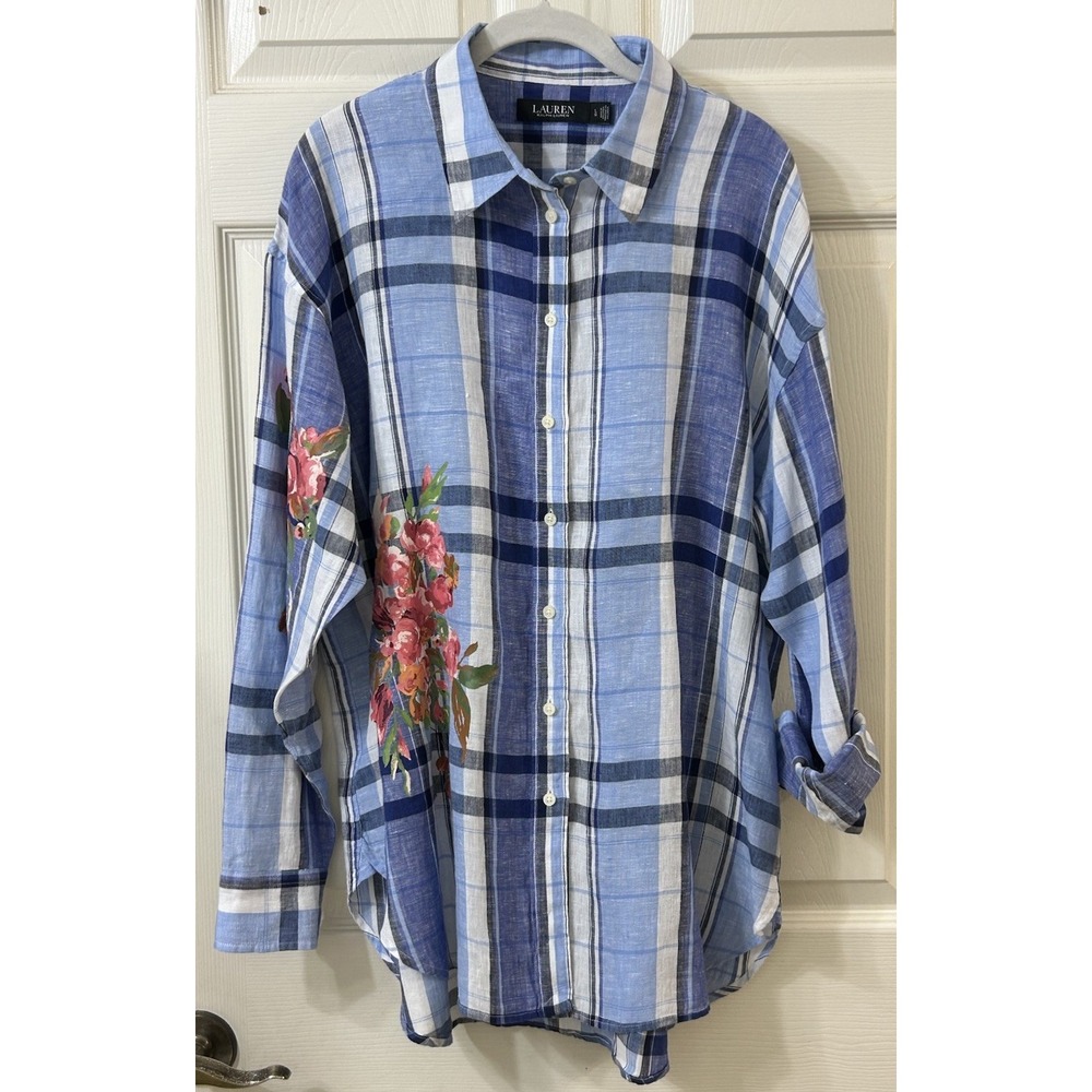 Lauren Ralph Lauren 100% Linen Shirt Women's Blue Plaid Floral Button Front EUC